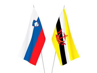 National fabric flags of Slovenia and Brunei isolated on white background. 3d rendering illustration.