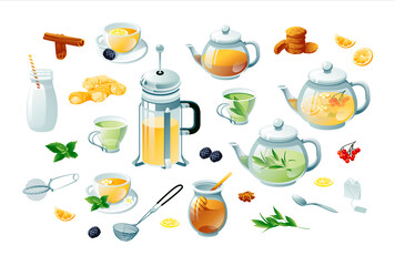 Tea set green, herbal. Teapots, cups, tea bag, strainer, cookies. Objects are isolated on a white background.
