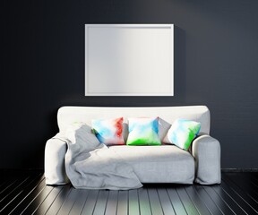 Empty white frame in a front of black wall. Couch with colour pillows. 3D rendering.
