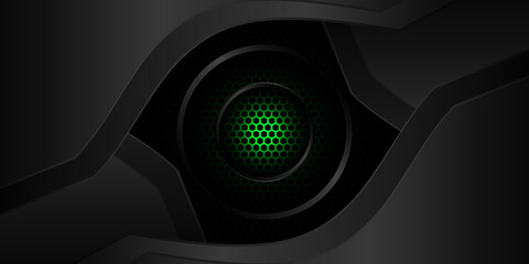 Abstract futuristic black and green gaming background. Dark abstract banner with hexagon carbon fiber grid and green light. Futuristic tech modern e-sporty game background.