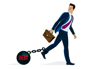 Businessman with weight metal ball on shackles symbolizes debt or problems vector illustration isolated on white, handsome man trying to walk forward but troubles stop him.