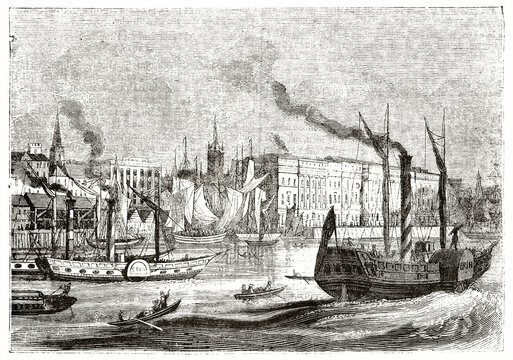 London customs along Thames river sailed by several steamboats. Ancient grey tone etching style art by unidentified author, Magasin Pittoresque, 1838