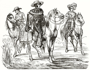 Fototapeta na wymiar Mexican elegant horseman, his woman ad their servant walking horseback outdoor. Ancient grey tone etching style art by Andrew, Best and Leloir, Magasin Pittoresque, 1838
