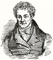 Daniel O'Connell rough bust portrait, Irish political leader elegant dressed with jaket, shirt and bow tie. Ancient grey tone etching style art by Breviere, Magasin Pittoresque, 1838