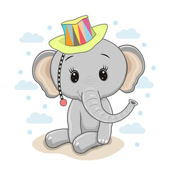 Vector illustration of a small elephant in a hat. Isolated on a white background.