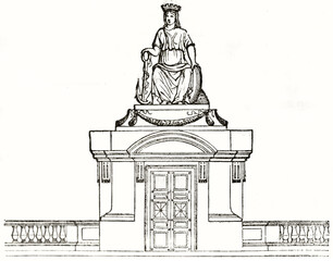 front schematic reproduction of one of pavilion in Place de la Concorde, Paris, with goddess statue on top. Ancient grey tone etching style art by unidentified author, Magasin Pittoresque, 1838