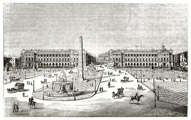 Overall top view of place Louis XV (Place de la Concorde, Paris) in the embellishment project by J. Hittorff. Ancient grey tone etching style art by Andrew, Best and Leloir, Magasin Pittoresque, 1838