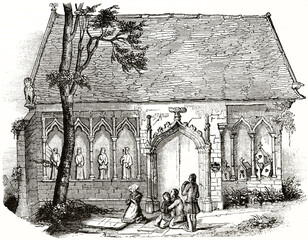 Plestin-les-Greves reliquary, Brittany, France. Sad people praying on a grave under a tree close to edifice. Ancient grey tone etching style art by unidentified author, Magasin Pittoresque, 1838