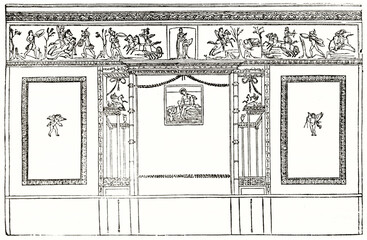 isolated front reproduction of wall decoration in The House of the Tragic Poet, Pompeii, Italy. Ancient grey tone etching style art by unidentified author, Magasin Pittoresque, 1838