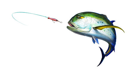 Bluefin Trevally caranx fish attacks Popper Lures Topwater Fishing Baits. illustration realistic art isolated. Big fish Bluefin Jack scombridae jumps out of the water.