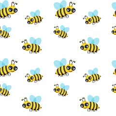 Bee seamless pattern isolated on white background. Vector flat illustration. Design for wallpaper, wrapping, backdrop, textile, fabric