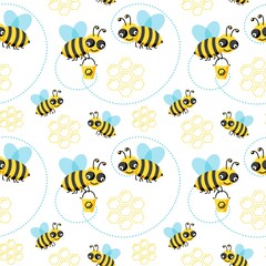 Bee seamless pattern with honeycomb isolated on white background. Vector flat illustration. Design for wallpaper, wrapping, backdrop, textile, fabric