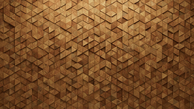 Wood Block Wall background. Mosaic Wallpaper with Light and Dark Timber Triangle tile pattern. 3D Render 