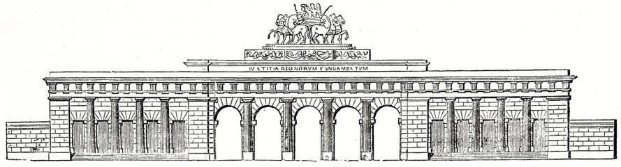 facade view of Wien propylaea, Austria, isolated architectural horizontal element on white background. Ancient grey tone etching style art by unidentified author, Magasin Pittoresque, 1838