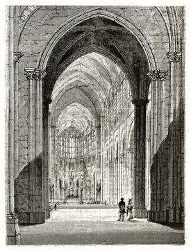 Saint-Denis Abbey interior, Paris, high pointed arches gothic nave compared to two small people. Ancient grey tone etching style art by Quartley, Magasin Pittoresque, 1838