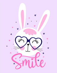 Smile Bunny - Cute bunny drawing. Funny calligraphy for spring holiday, Easter egg hunt. Perfect for advertising, poster, announcement or greeting card. Beautiful white Rabbit. Baby pajamas.