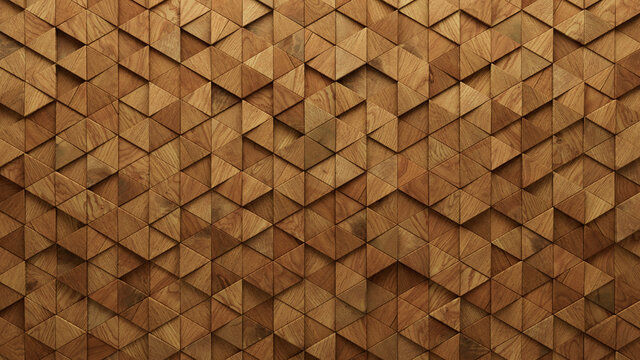 Wood Block Wall background. Mosaic Wallpaper with Light and Dark Timber Triangle tile pattern. 3D Render 