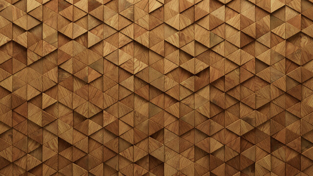 Wood Block Wall background. Mosaic Wallpaper with Light and Dark Timber Triangle tile pattern. 3D Render 