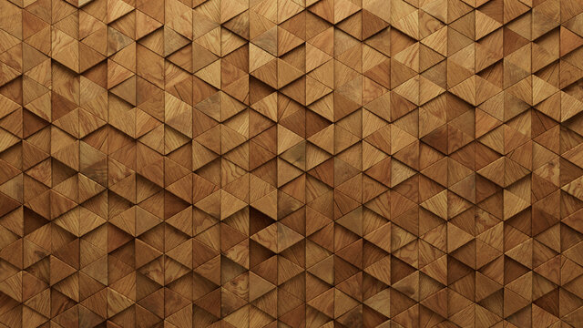 Wood Block Wall background. Mosaic Wallpaper with Light and Dark Timber Triangle tile pattern. 3D Render 