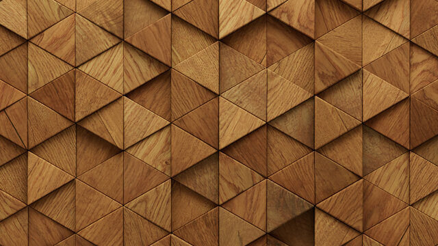 Wood Block Wall background. Mosaic Wallpaper with Light and Dark Timber Triangle tile pattern. 3D Render 