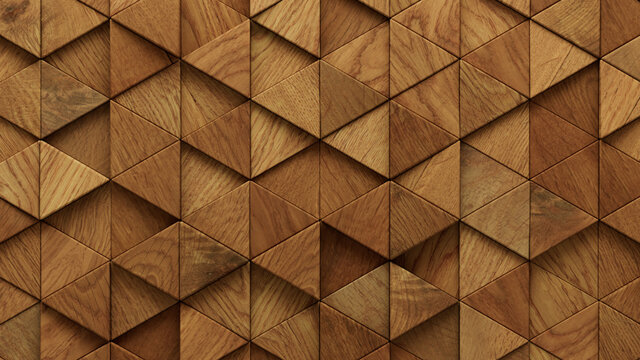 Wood Block Wall background. Mosaic Wallpaper with Light and Dark Timber Triangle tile pattern. 3D Render 
