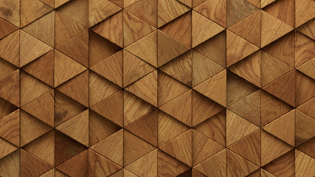 Wood Block Wall background. Mosaic Wallpaper with Light and Dark Timber Triangle tile pattern. 3D Render 