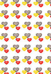 Vertical pattern with multicolored hearts on a white background.