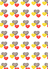 Vertical pattern with multicolored hearts on a white background.
