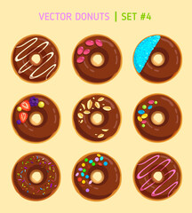 Chocolate donuts with cartoon sweets vector illustration set #4. Doughnuts icons into glaze for menu design, pastry cafe decoration. Chocolate donuts	
