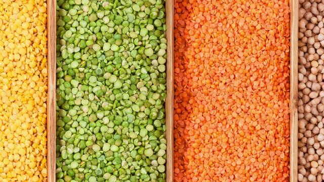 Family of beans. Yellow lentils, peas are green chipped, red lentils, chickpeas.	