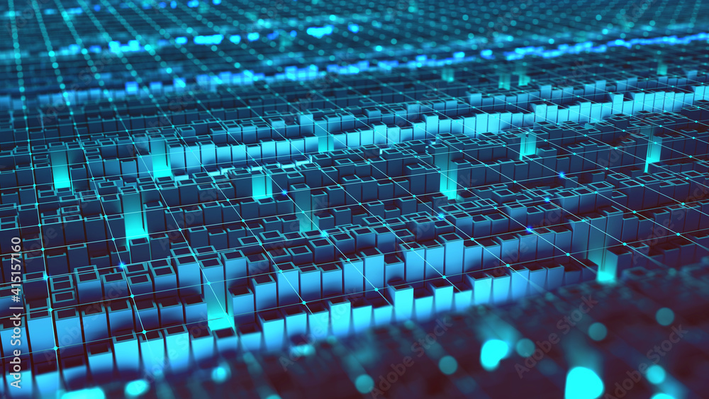 Aufkleber Digital field, informational data flow. Data storage and protection. Computer board and motherboard. Cyberspace, cyber city, cyberpunk background. 3d illustration of an array of rectangles