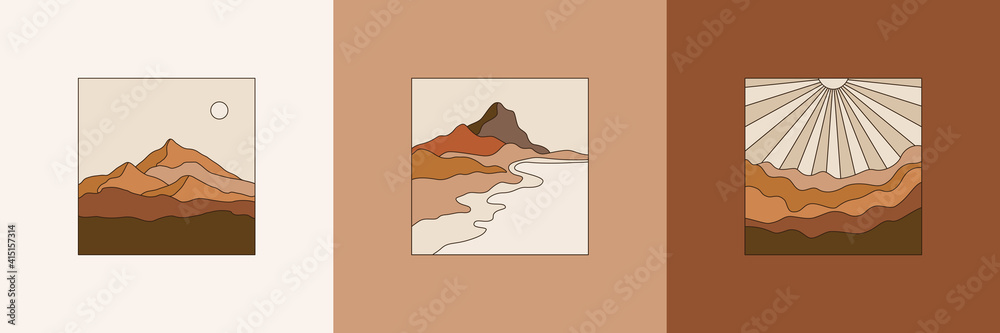 Aufkleber Vector illustration in simple line style - boho abstract print - simple natural landscape with mountains and hills