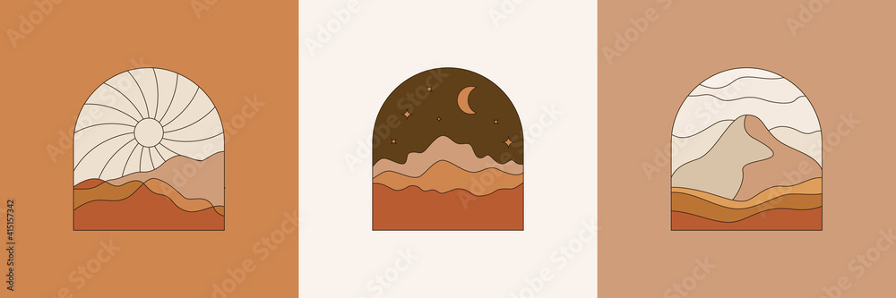 Aufkleber Vector illustration in simple line style - boho abstract print - simple natural landscape with mountains and hills