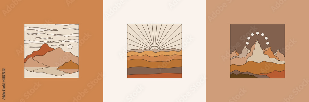Poster Vector illustration in simple line style - boho abstract print - simple natural landscape with mountains and hills