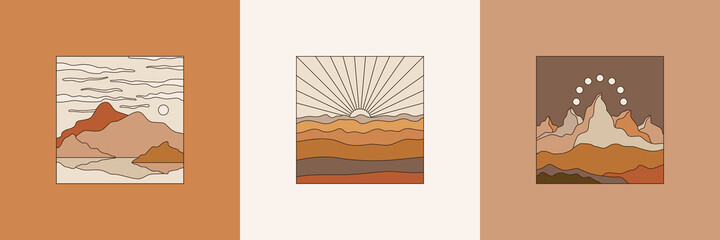 Vector illustration in simple line style - boho abstract print - simple natural landscape with mountains and hills © venimo