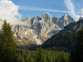 Cima della Vezzana, cima dei Bureloni. Peaks towering over Val Venegia. Pala group (Pale di San Martino) in the dolomites of Trentino, Italy. Pala is part of the UNESCO World Heritage Site.