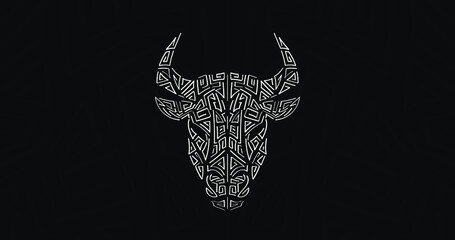 Bull, Chinese zodiac symbol. Chinese new year 2021 year of the ox. Black and white digital lineart. Ancient logotype. Abstract hieroglyph. chinese poster.