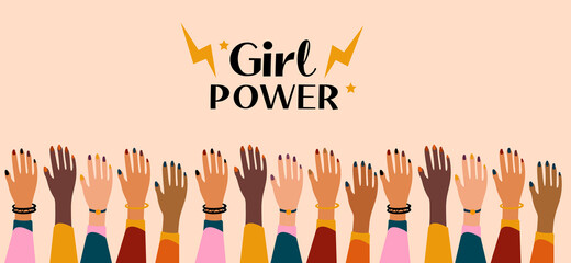 International Women s Day 8 March. Feminism female hands together greeting card. Girls power. Fight for freedom, independence, equality. Vector illustration.