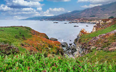 California nature - landscape, beautiful cove with rocks on the seaside in Garrapata State Park. County Monterey, California, USA. Long exposure photo.