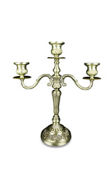 Triple bronze candelabrum with three candlesticks, isolated on white background.