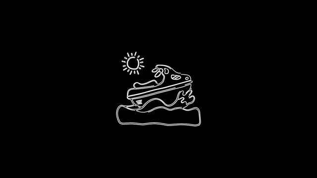 Water bike moving lines icon on black background. 4K video neon line animation.
