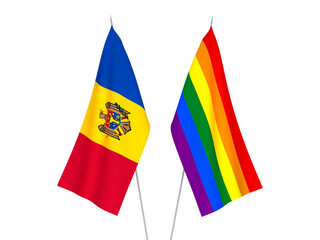 National fabric flags of Rainbow gay pride and Moldova isolated on white background. 3d rendering illustration.