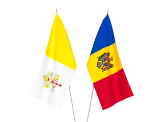 National fabric flags of Vatican and Moldova isolated on white background. 3d rendering illustration.