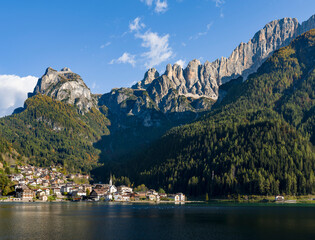 Alleghe at Lago di Alleghe under the peak of Civetta, an icon of the dolomites in the Veneto,...