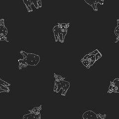 Outline vector cute seamless repeat pattern of gray background and white lines of cartoon Scottish highland cows. Monochrome Chalk on blackboard effect.
