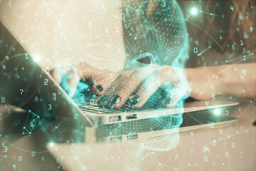 Double exposure of woman hands working on computer and brain hologram drawing. Ai concept.