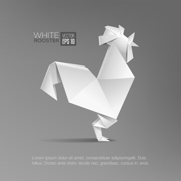 Geometric origami paper white Rooster isolated vector illustration. Realistic triangular style rooster icon. Template for cover banner poster design. Isolated vector illustration for card or icon	