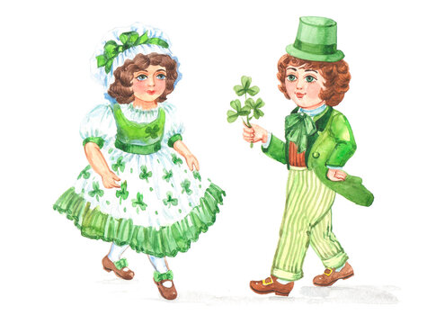 Children in vintage green clothes and with clover leaves dance the traditional kaylee dance on St. Patrick's day, watercolor painting on white background for holiday design.