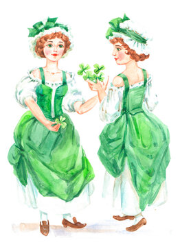Girls in vintage green clothes and with clover leaves dance the traditional kaylee dance on St. Patrick's day, watercolor on white background for holiday design.