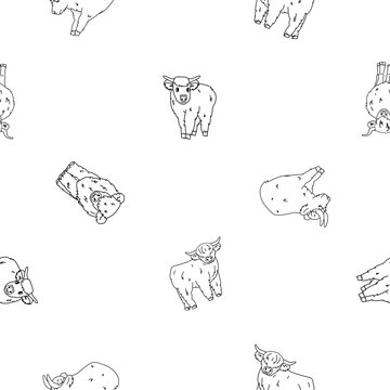 Vector cute black white outline seamless pattern of highland Scottish cows bulls, which sit, stand, lie on ground. Animals are isolated. Illustration can be used as print for clothes or coloring book